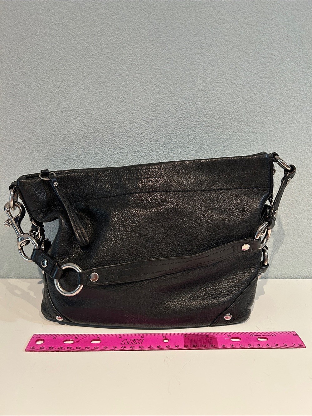 Black Leather Shoulder Bag with Silver Hardware*